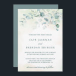 Elegant Botanical Greenery Eucalyptus Wedding Invitation<br><div class="desc">Elegant wedding invitation featuring eucalyptus leaves and greenery with a hint of blue at the top. Below are your event details in dark green with the word "and" along with your reception information in a script font, over a pastel watercolor wash. The backside is a matching shade of soft blue...</div>