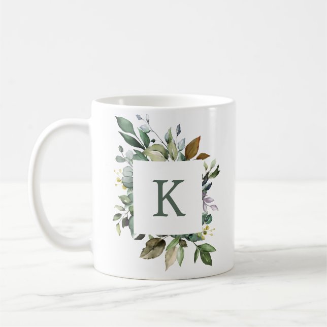 Elegant Botanical Greenery Frame Monogram Coffee Mug (Left)