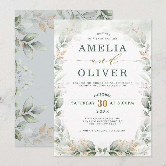 Elegant Botanical Greenery Gold Garden Wedding Invitation (Front/Back)