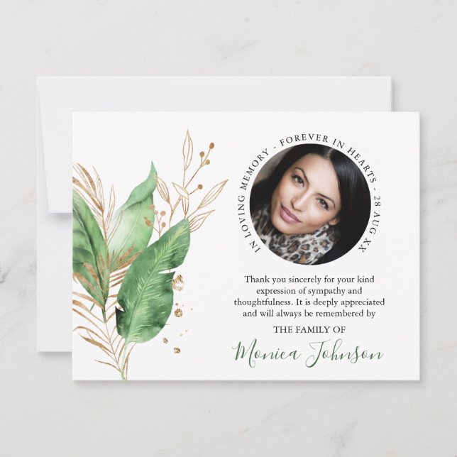 Elegant Botanical Greenery & Gold Photo Funeral Thank You Card (Front)