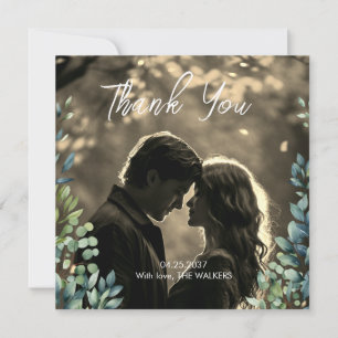 Elegant botanical greenery leaves Photo Wedding Thank You Card