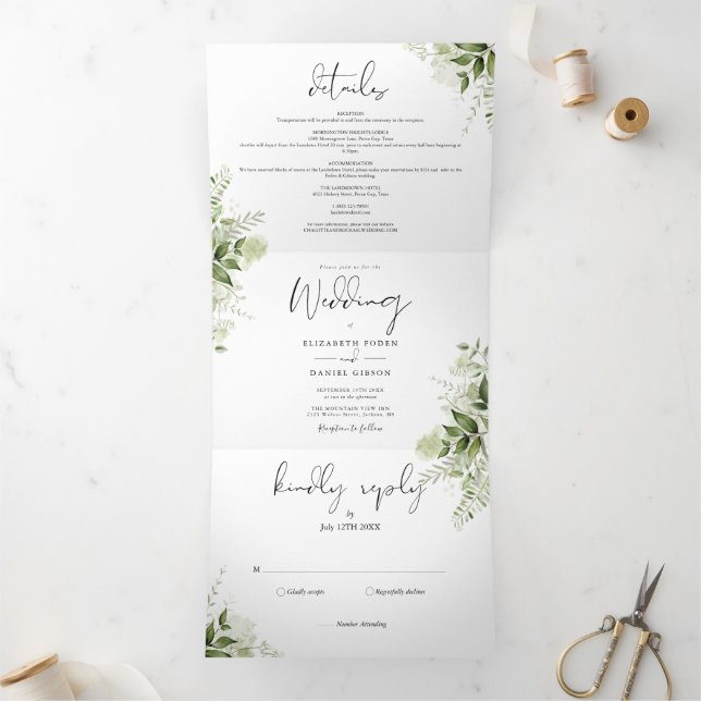 Elegant Botanical Greenery Leaves Photo Wedding Tri-Fold Invitation (Inside)