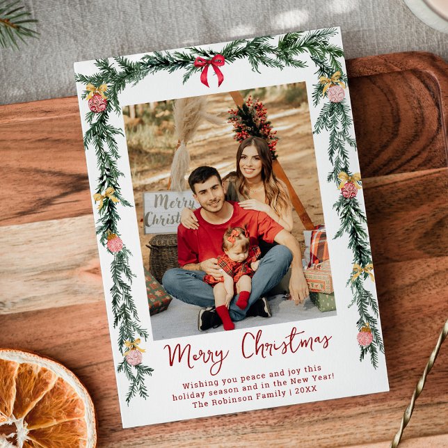 Elegant Botanical Greenery Merry Christmas 1 Photo Holiday Card (Creator Uploaded)