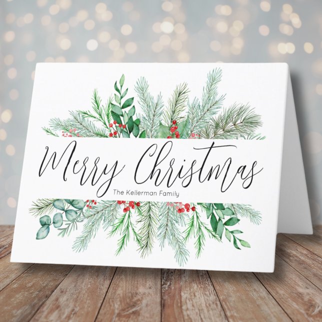 Elegant Botanical Greenery Merry Christmas  Holiday Card (Elegant Red Berries Greenery Merry Christmas Holiday Card)