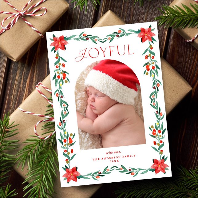 Elegant Botanical Greenery Poinsettia Frame Photo Holiday Card (Creator Uploaded)