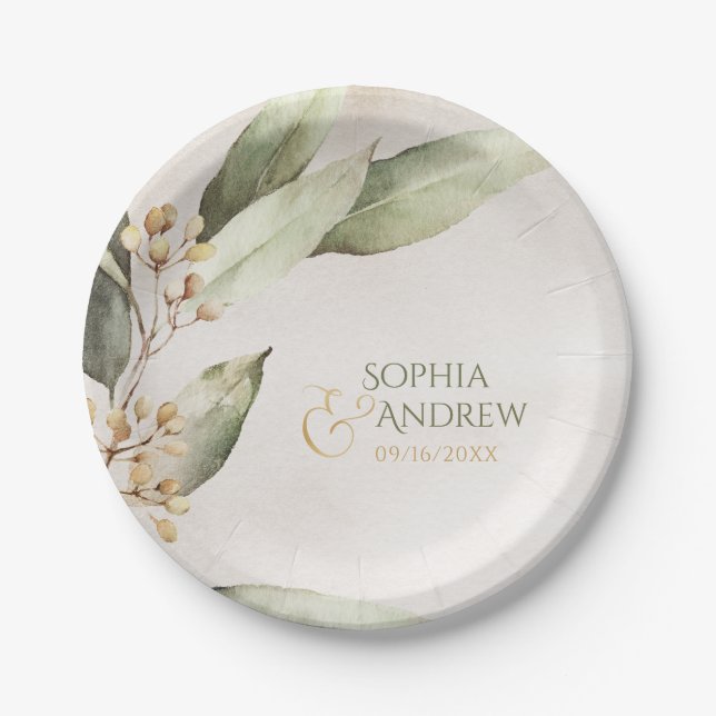 Elegant botanical greenery vintage rustic wedding paper plate (Front)