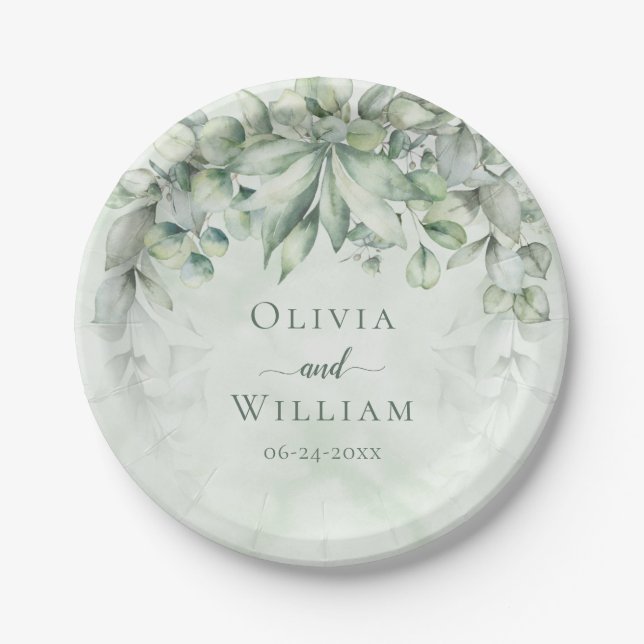 Elegant Botanical Greenery Wedding Paper Plate (Front)