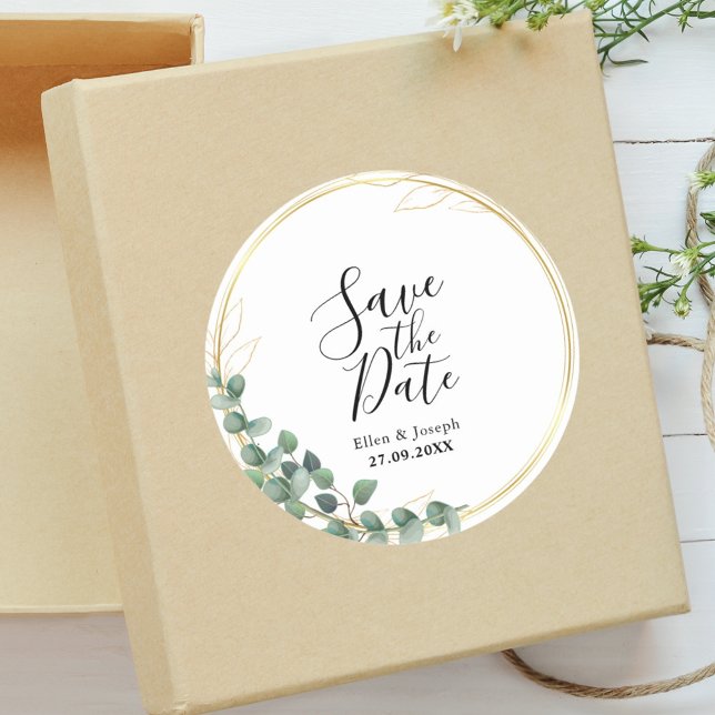 Elegant Botanical Greenery Wedding Save The Date Classic Round Sticker (Creator Uploaded)