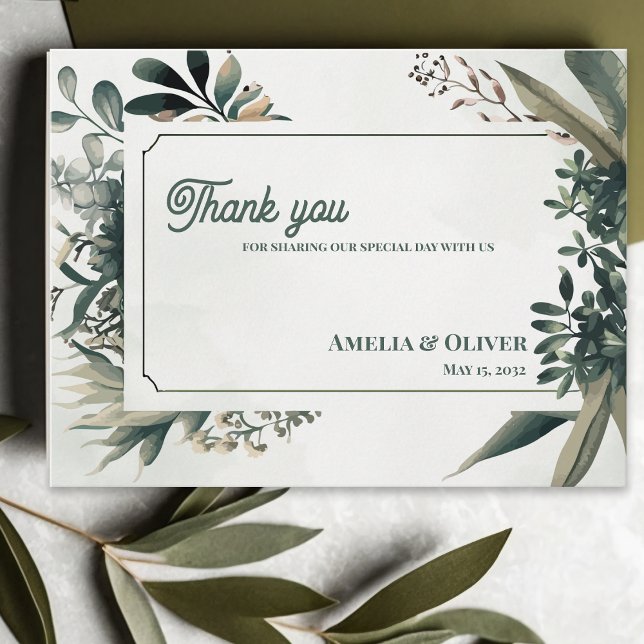 Elegant Botanical Greenery Wedding Thank You Postcard (Elegant Botanical Greenery Wedding Thank You Card | Sage Green Garden Wedding Thank You)