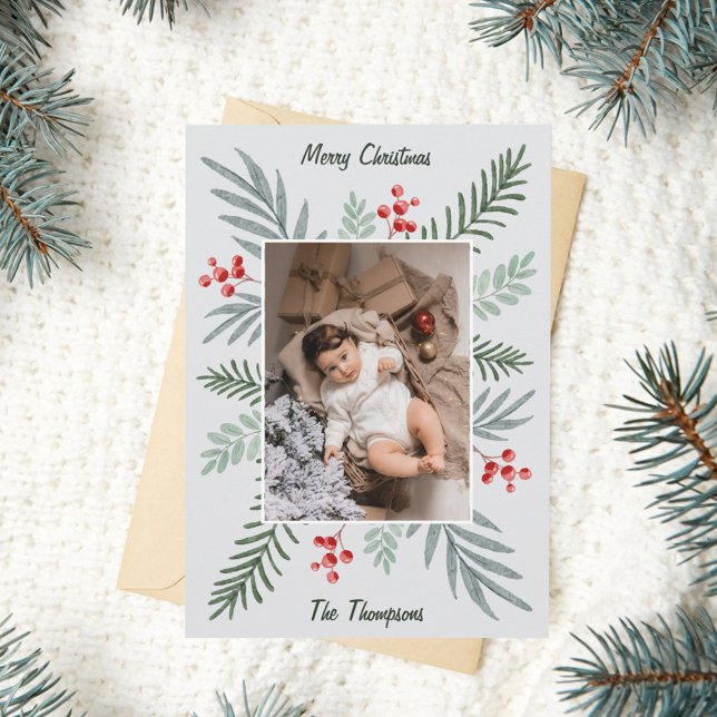 Elegant & Botanical Hand-drawn Christmas Photo  Holiday Card (Creator Uploaded)