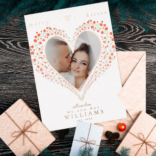 Elegant Botanical Heart Photo Wedding Christmas Foil Holiday Card