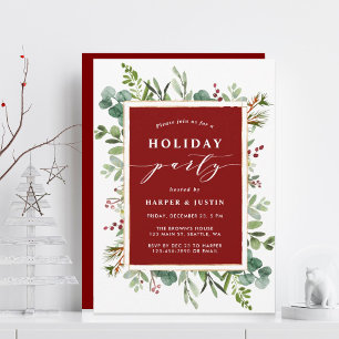 Elegant Botanical Holiday Party Red Invitation