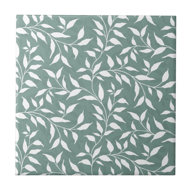 Elegant Botanical Leaf Dance Foliage White Teal Tile (Front)