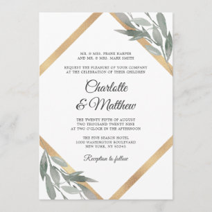 Elegant Botanical Leaf Greenery Gold Foil Wedding Invitation