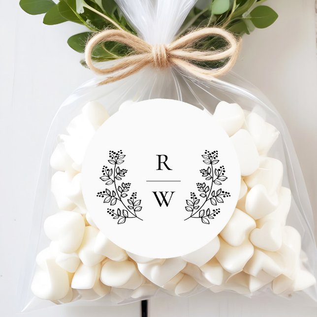 Elegant Botanical Leaf Monogram Initial Wedding Classic Round Sticker (Creator Uploaded)