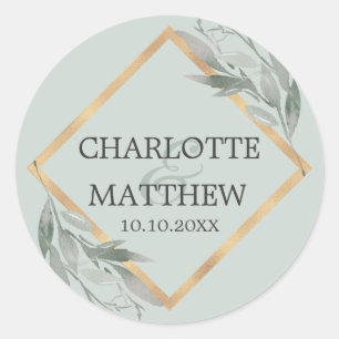 Elegant Botanical Leaf Sage Green Gold Wedding Classic Round Sticker