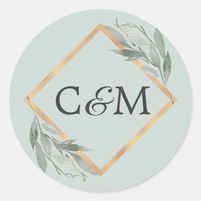 Elegant Botanical Leaf Sage Green Gold Wedding Classic Round Sticker (Front)