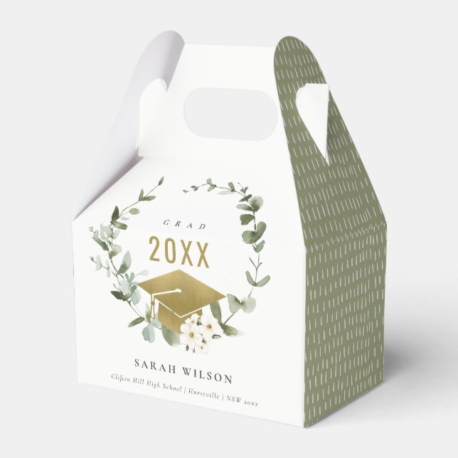 Elegant Botanical Leafy Wreath Gold Graduation Favor Box (Front Side)