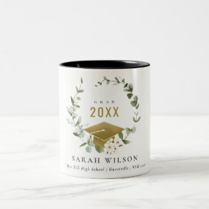 Elegant Botanical Leafy Wreath Gold Graduation Two-Tone Coffee Mug