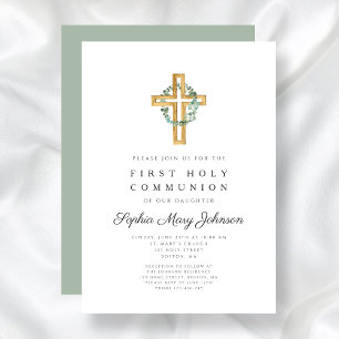 Elegant Botanical Leaves Cross First Communion Invitation