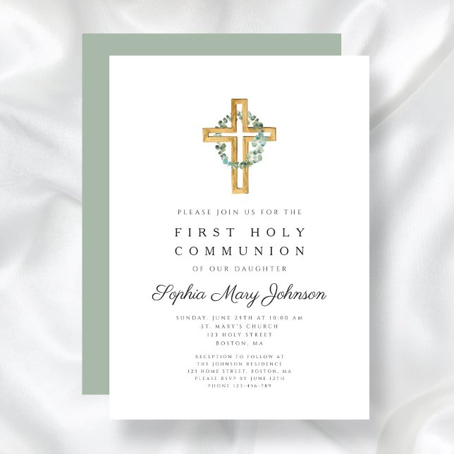 Elegant Botanical Leaves Cross First Communion Invitation (Elegant Botanical Leaves Cross First Communion Invitation)