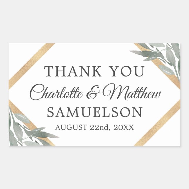 Elegant Botanical Leaves Gold Wedding THANK YOU Sticker (Front)