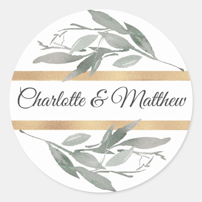 Elegant Botanical Leaves Sage Gold Wedding Classic Round Sticker (Front)