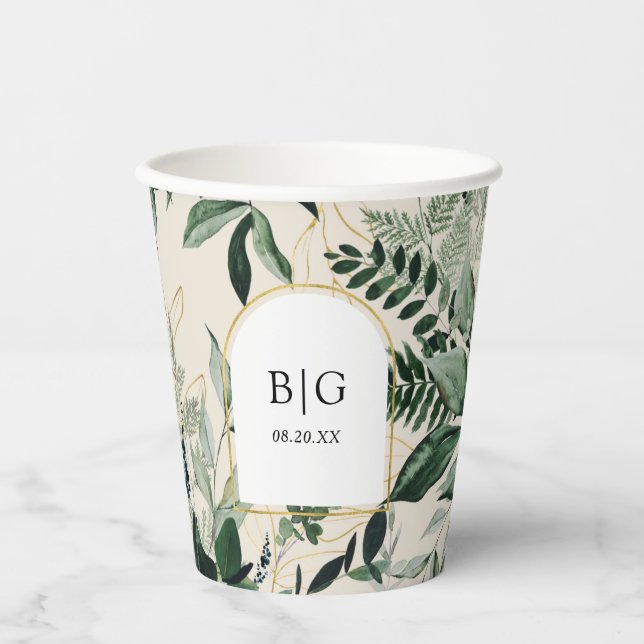 Elegant botanical leaves with modern arch wedding paper cups (Front)