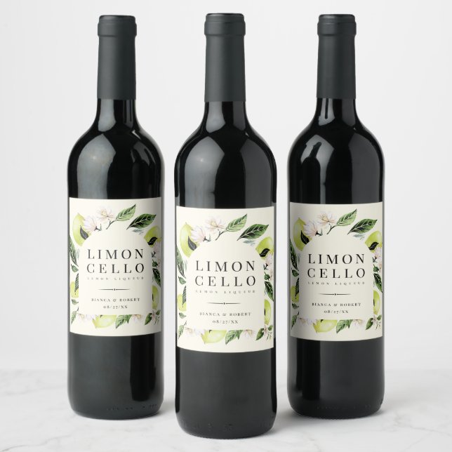 Elegant Botanical Lemons Frame Limoncello Wine Label (Bottles)
