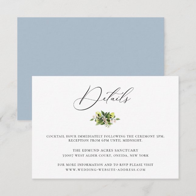 Elegant Botanical Lemons Wedding Details Card (Front/Back)