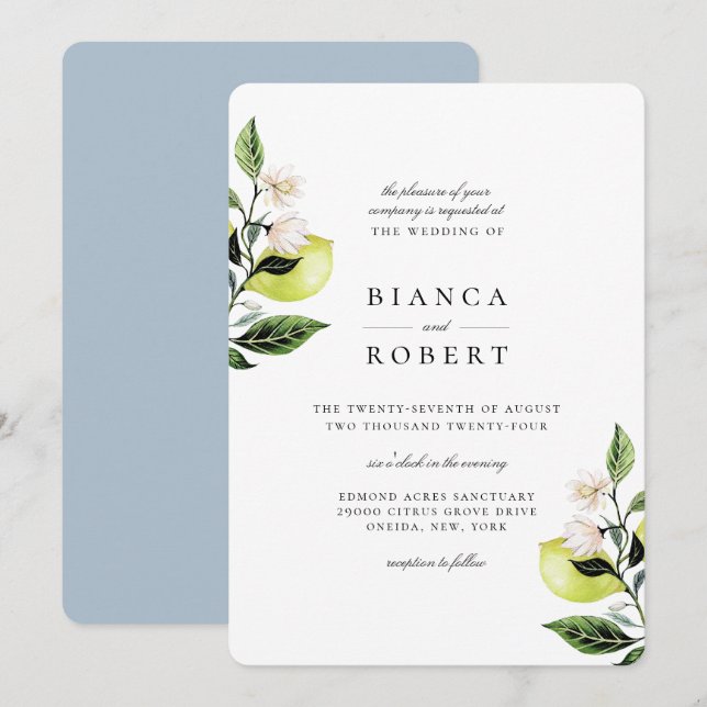 Elegant Botanical Lemons Wedding Invitation (Front/Back)