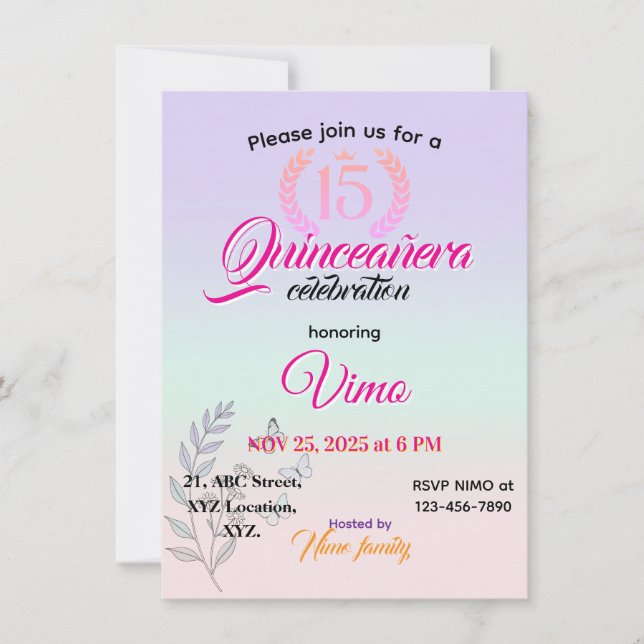 Elegant Botanical Line Art Quinceañera Invitation  (Devant)