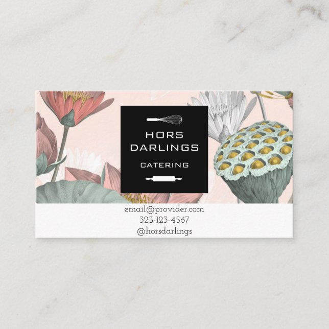 elegant botanical lotus catering, bakery, pvt chef business card (Front)