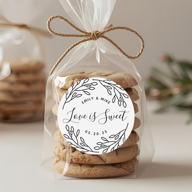 Elegant Botanical Love is Sweet Wedding Favour Classic Round Sticker (Creator Uploaded)