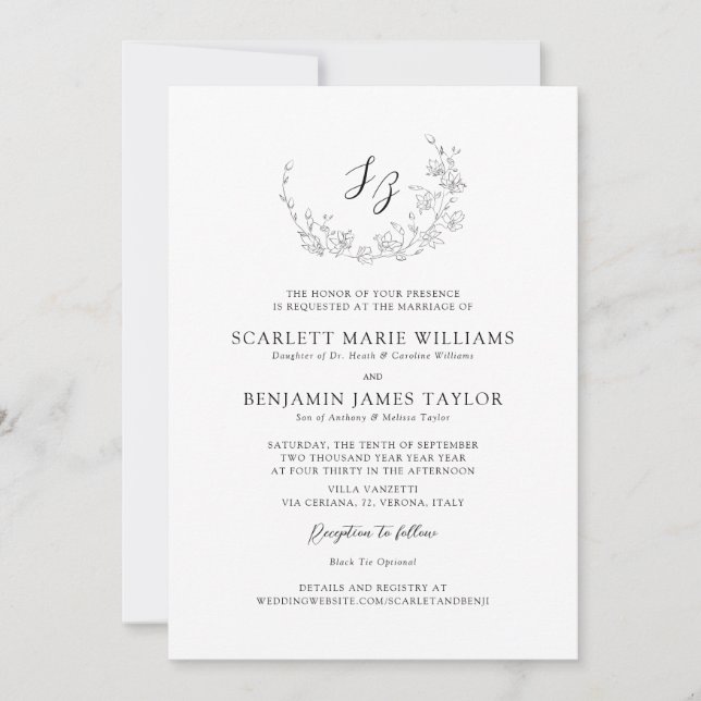 Elegant Botanical Monogram All-in-One Wedding Invitation (Front)