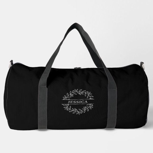 Elegant Botanical Monogram, black  Duffle Bag (Front)