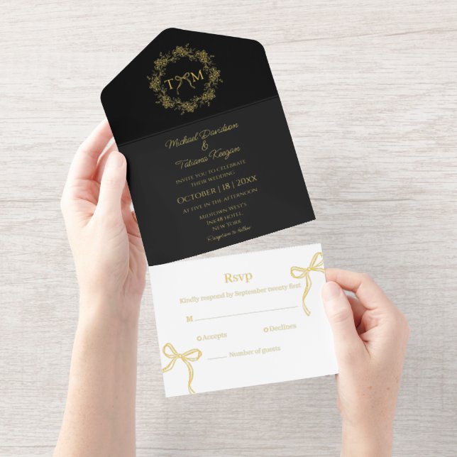 elegant botanical monogram bows wedding gold foil all in one invitation (Tearaway)