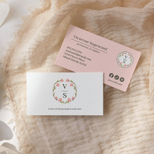 Elegant Botanical Monogram Crest Pink Green Floral Business Card