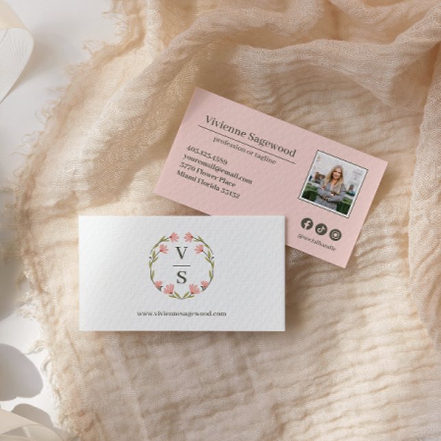 Elegant Botanical Monogram Crest Pink Green Photo Business Card (Creator Uploaded)
