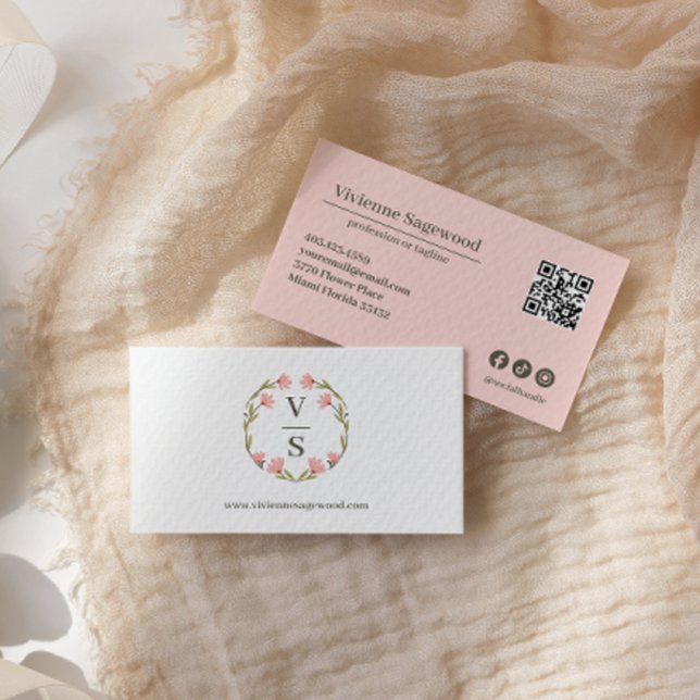 Elegant Botanical Monogram Crest Pink Green QRCODE Business Card (Creator Uploaded)