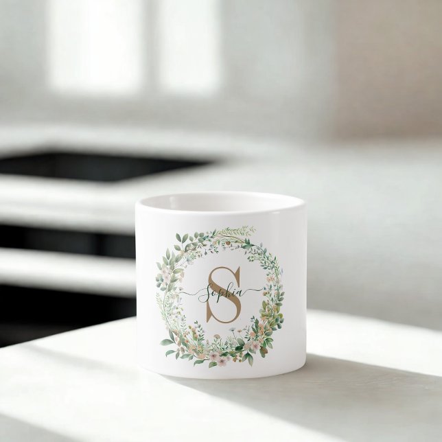 Elegant Botanical Monogram Espresso Mug with Name (Créateur téléchargé)