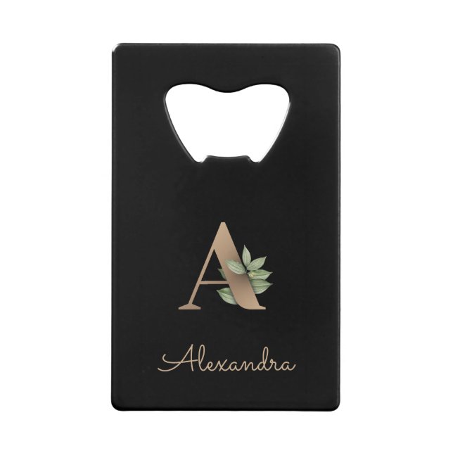 Elegant Botanical Monogram Gold Letter A  Credit Card Bottle Opener (Front)