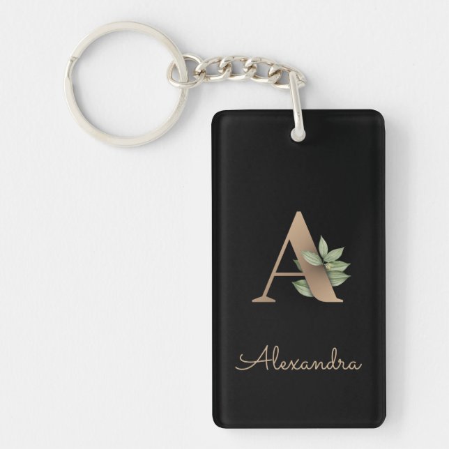 Elegant Botanical Monogram Gold Letter A Keychain (Front)