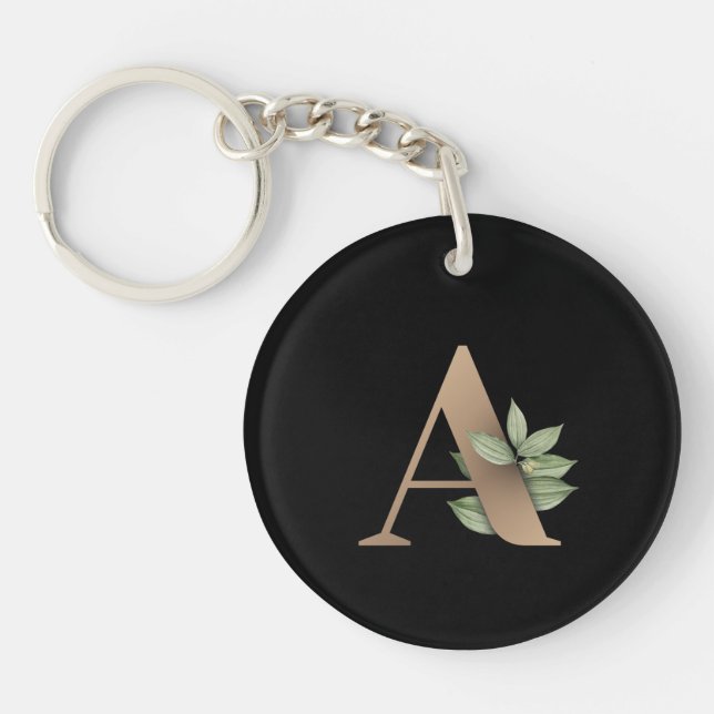 Elegant Botanical Monogram Gold Letter A Keychain (Front)