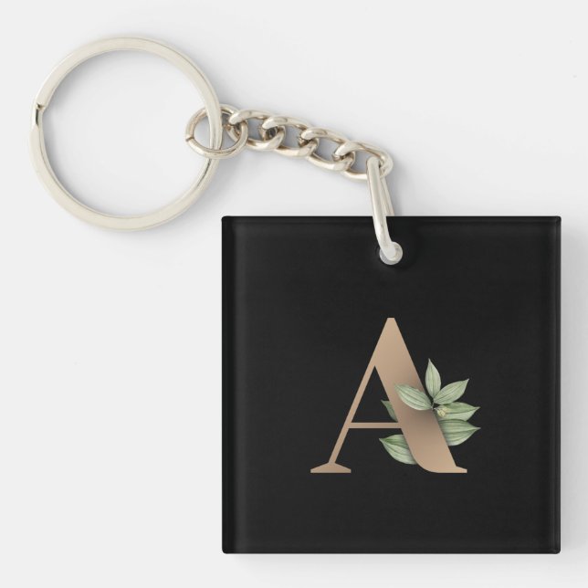Elegant Botanical Monogram Gold Letter A Keychain (Front)