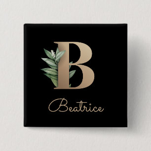 Elegant Botanical Monogram Gold Letter B Button