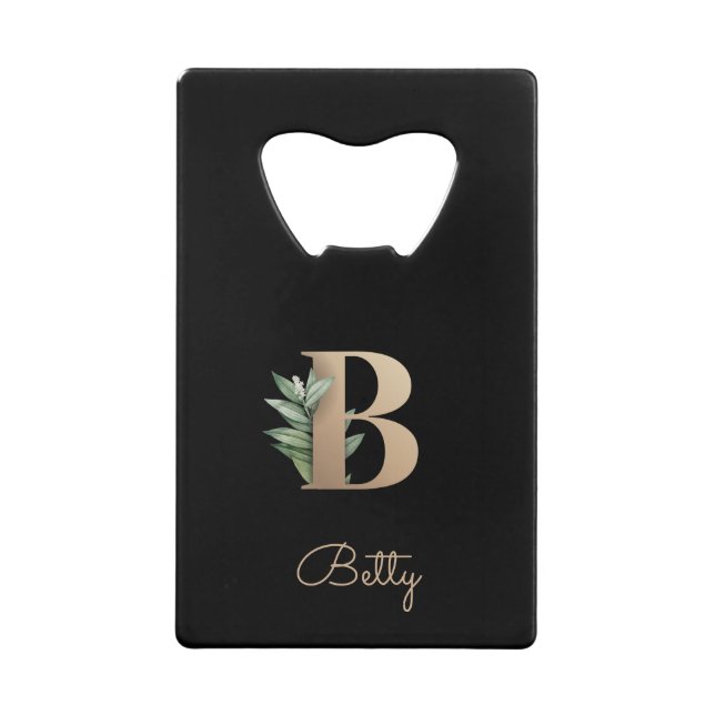 Elegant Botanical Monogram Gold Letter B  Credit Card Bottle Opener (Front)
