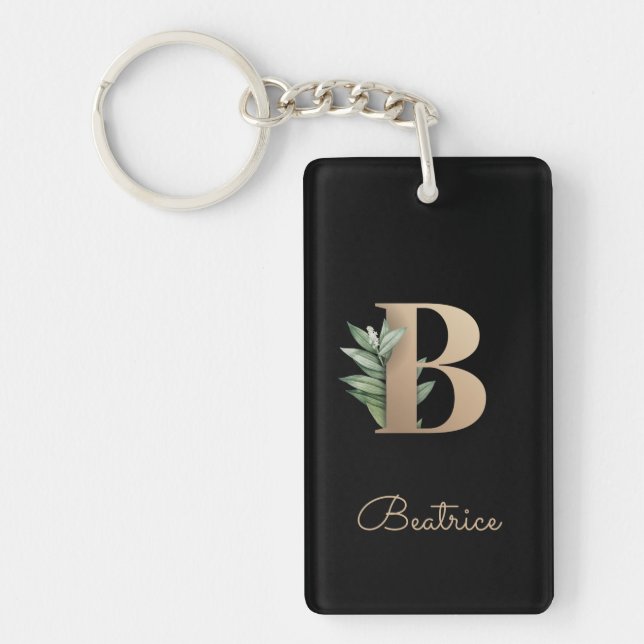 Elegant Botanical Monogram Gold Letter B Keychain (Front)