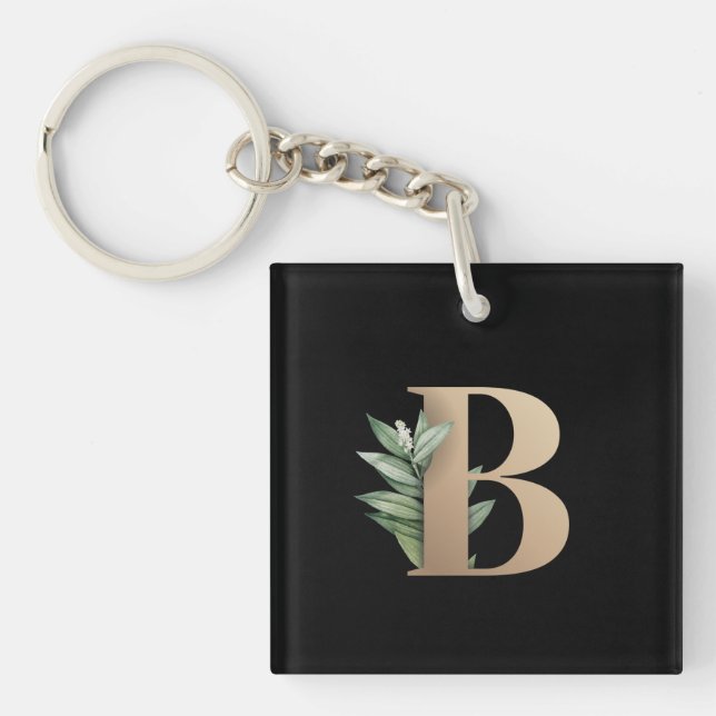 Elegant Botanical Monogram Gold Letter B Keychain (Front)