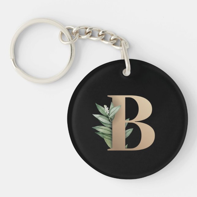 Elegant Botanical Monogram Gold Letter B Keychain (Front)